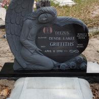 BLACK GRANITE HEART WITH GREY GRANITE ANGEL WHITE ENGRAVING WITH PORTRAIT 